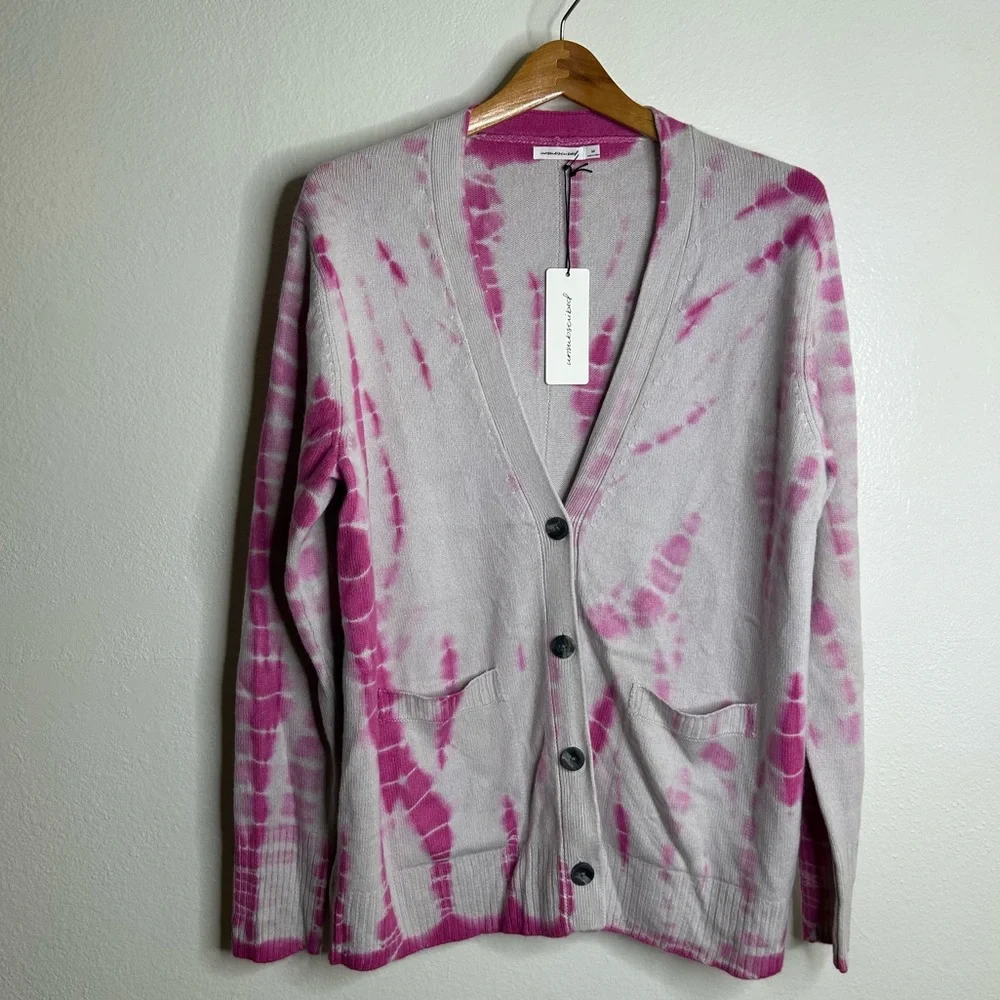 NWT Unsubscribed 100% Cashmere Pink Tie Dye Button Down Boyfriend Cardigan